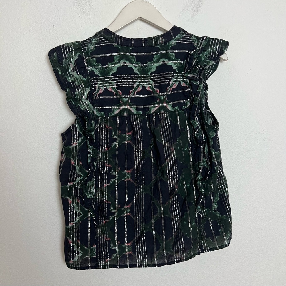 Anthropologie Pilcro Ruffled Button Front Sleeveless Blouse Black Print Top M - Picture 9 of 12